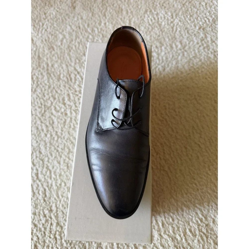 Santoni Black Leather Derby Lace Up Dress Shoes‎ Men's Size 7.5 Almond Toe